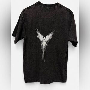 Black Acid Wash Goth Angel Wings Graphic Tee Size M